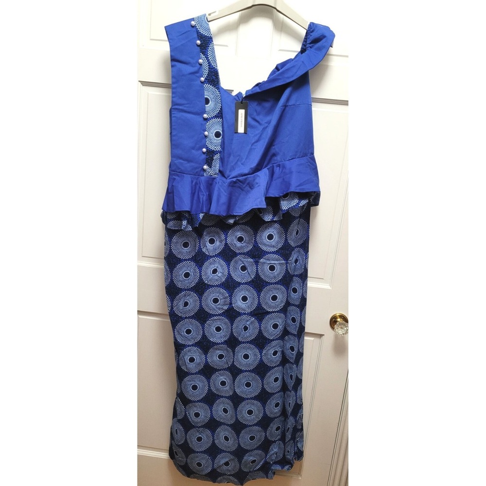 Afripride Off-Shoulder 1-Shoulder Dress - Blue Floral Medalions w/ Pearls - 5XL